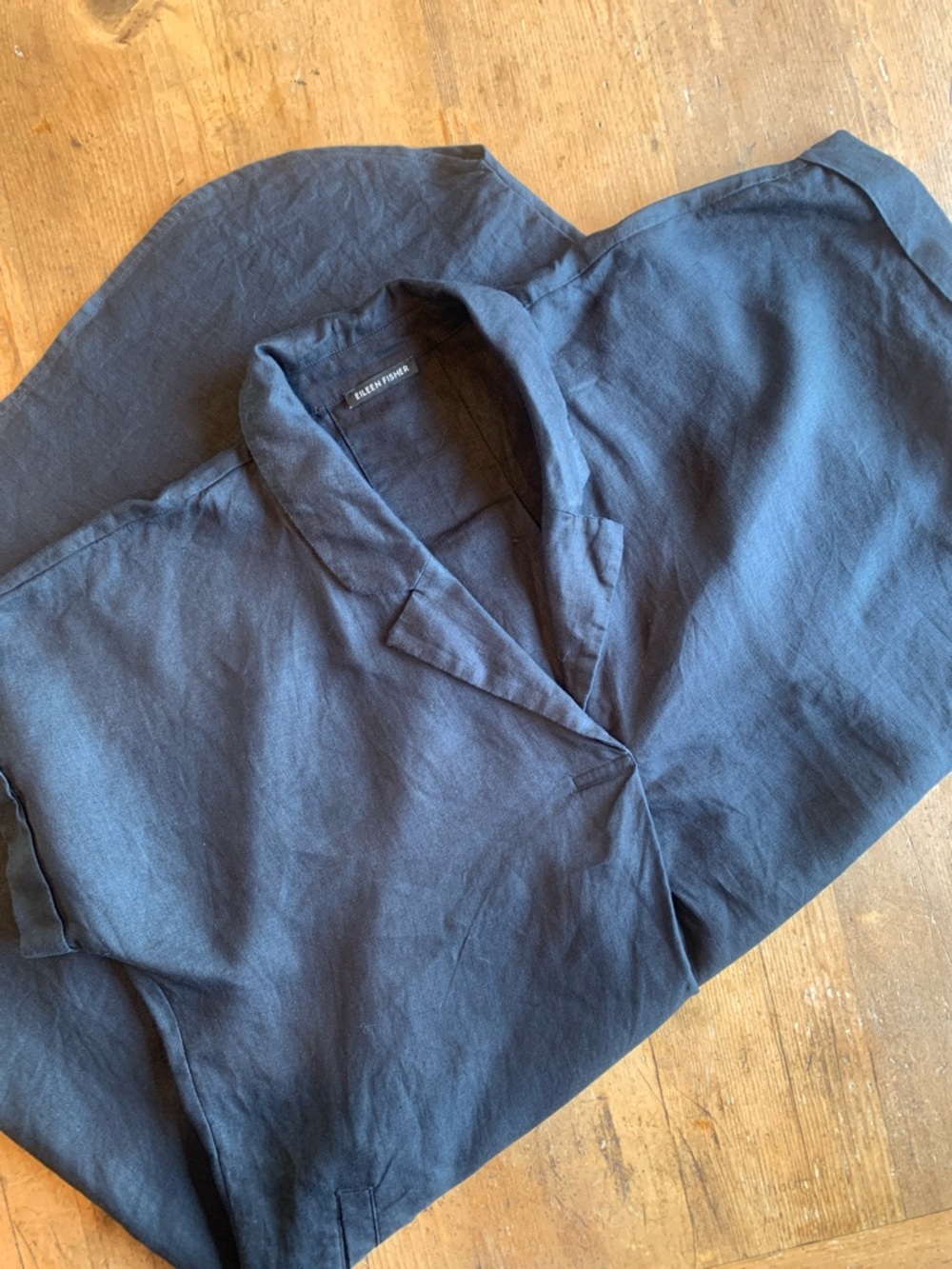 Eileen Fisher Black Short-Sleeve Linen  Button Down Dress - Picture 12 of 16